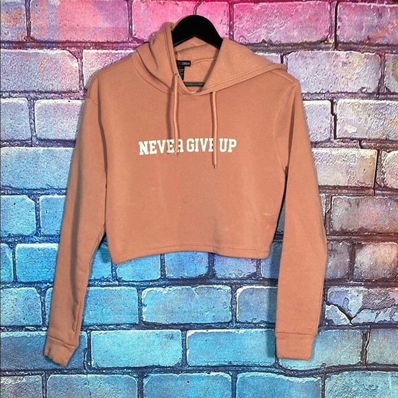LoveStreak Tops - Women's Pink Hoodie - "Never Give Up" Size Large Cropped Love Streak Sweatshirt